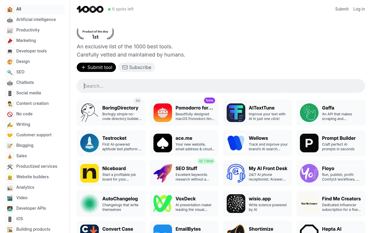 Screenshot of 1000 Tools homepage