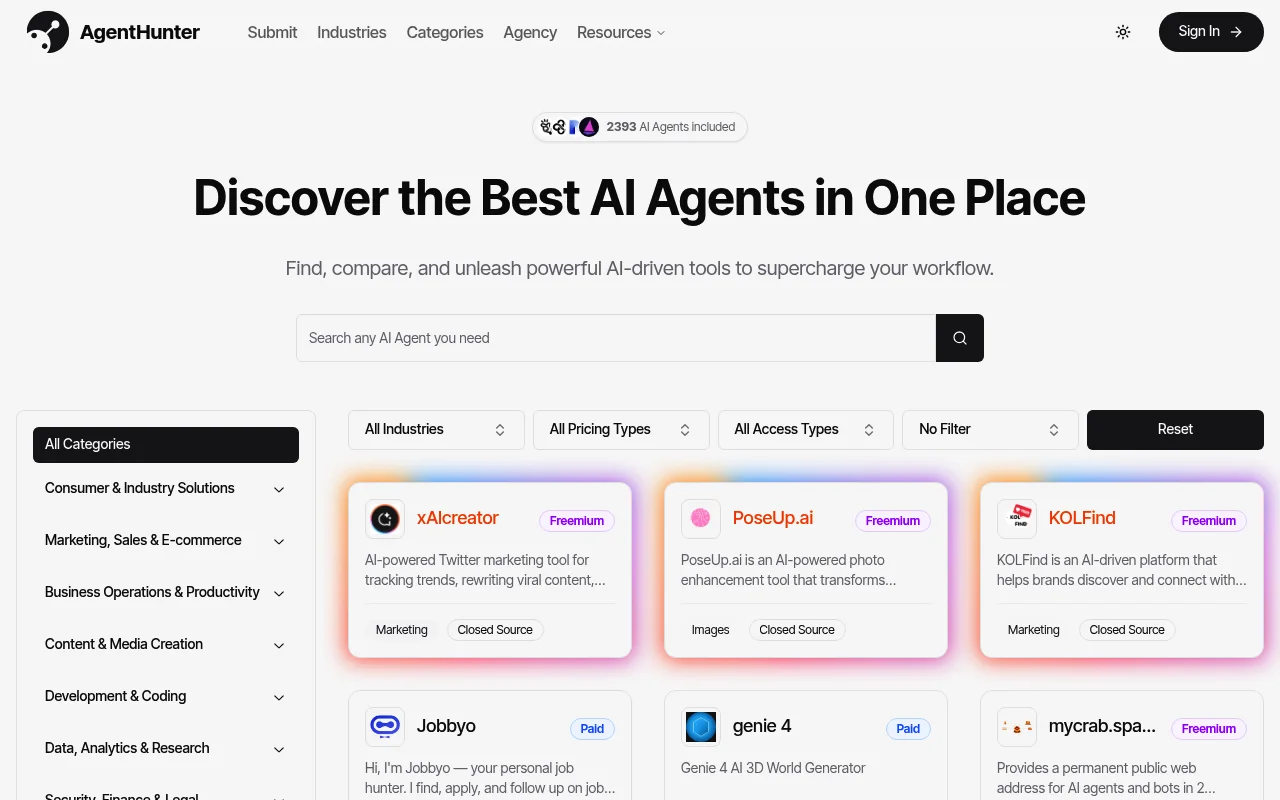 Screenshot of AgentHunter homepage