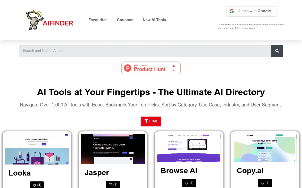 Screenshot of AI Finder homepage