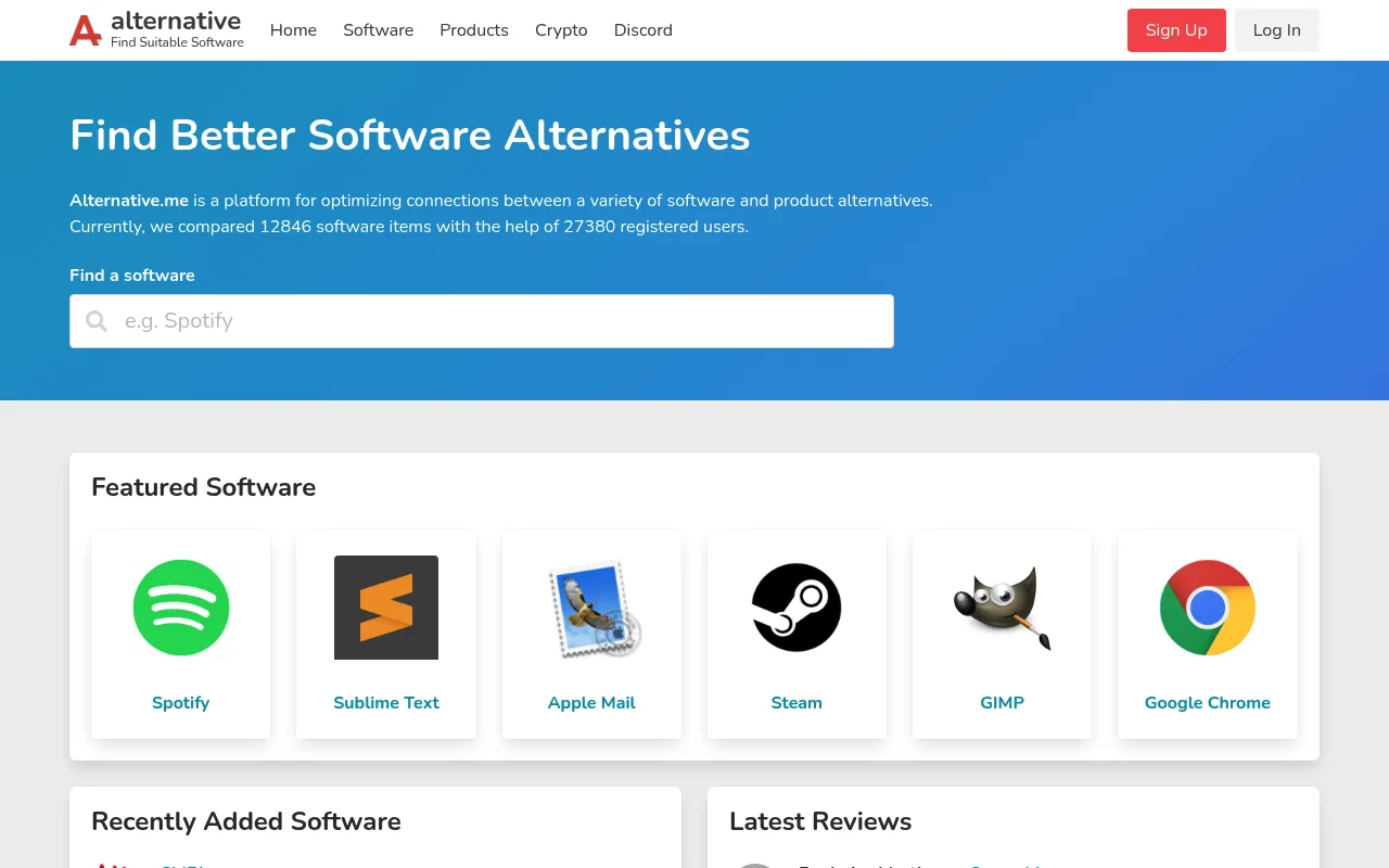 Screenshot of AlternativeMe homepage