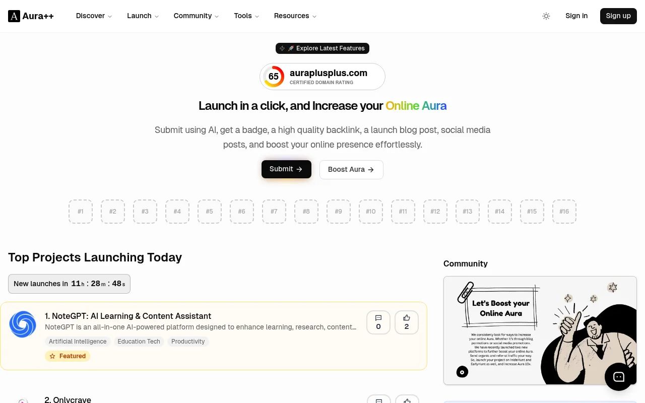 Screenshot of Aura++ homepage