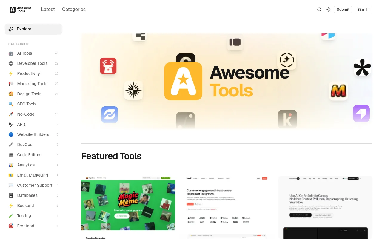 Screenshot of Awesome Tools homepage