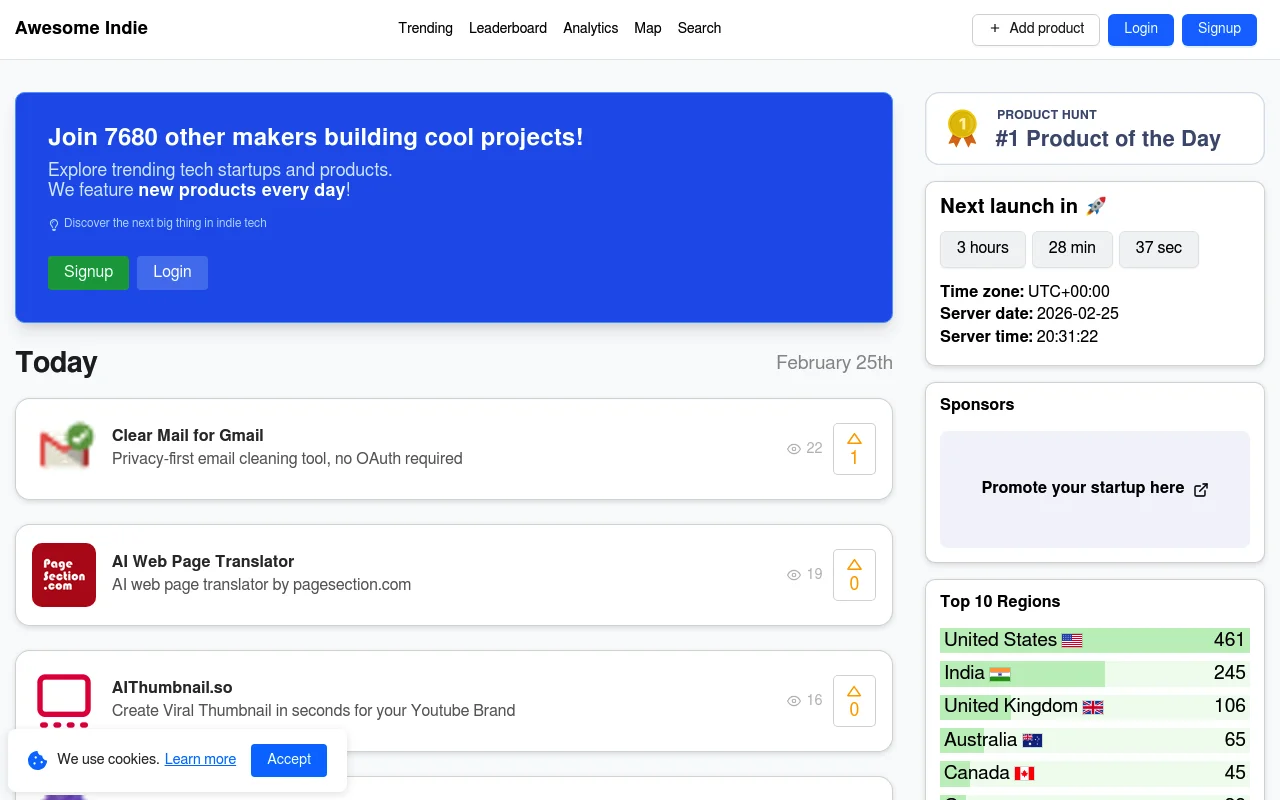 Screenshot of AwesomeIndie homepage