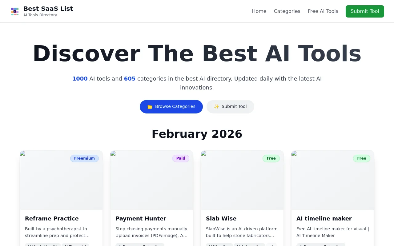 Screenshot of Best SaaS List homepage