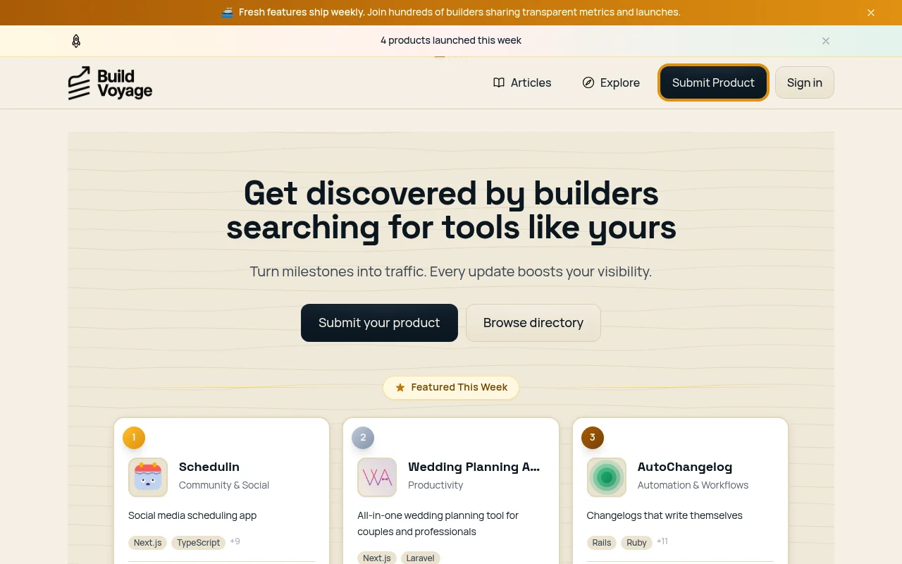 Screenshot of BuildVoyage homepage