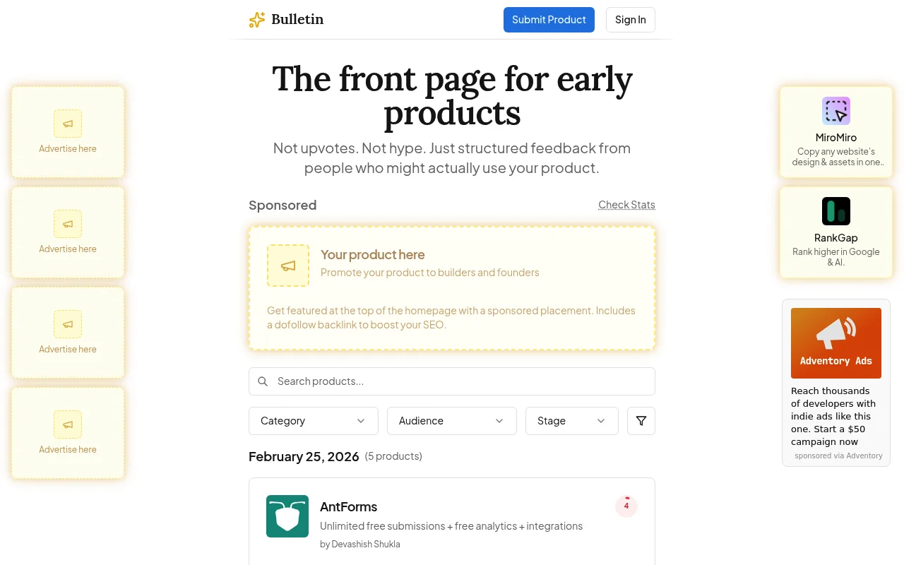 Screenshot of Bulletin homepage