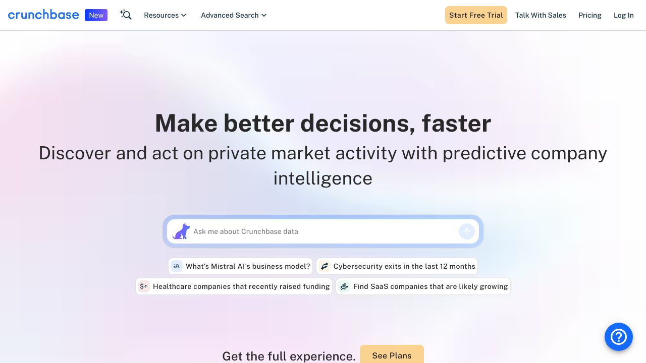 Screenshot of Crunchbase homepage