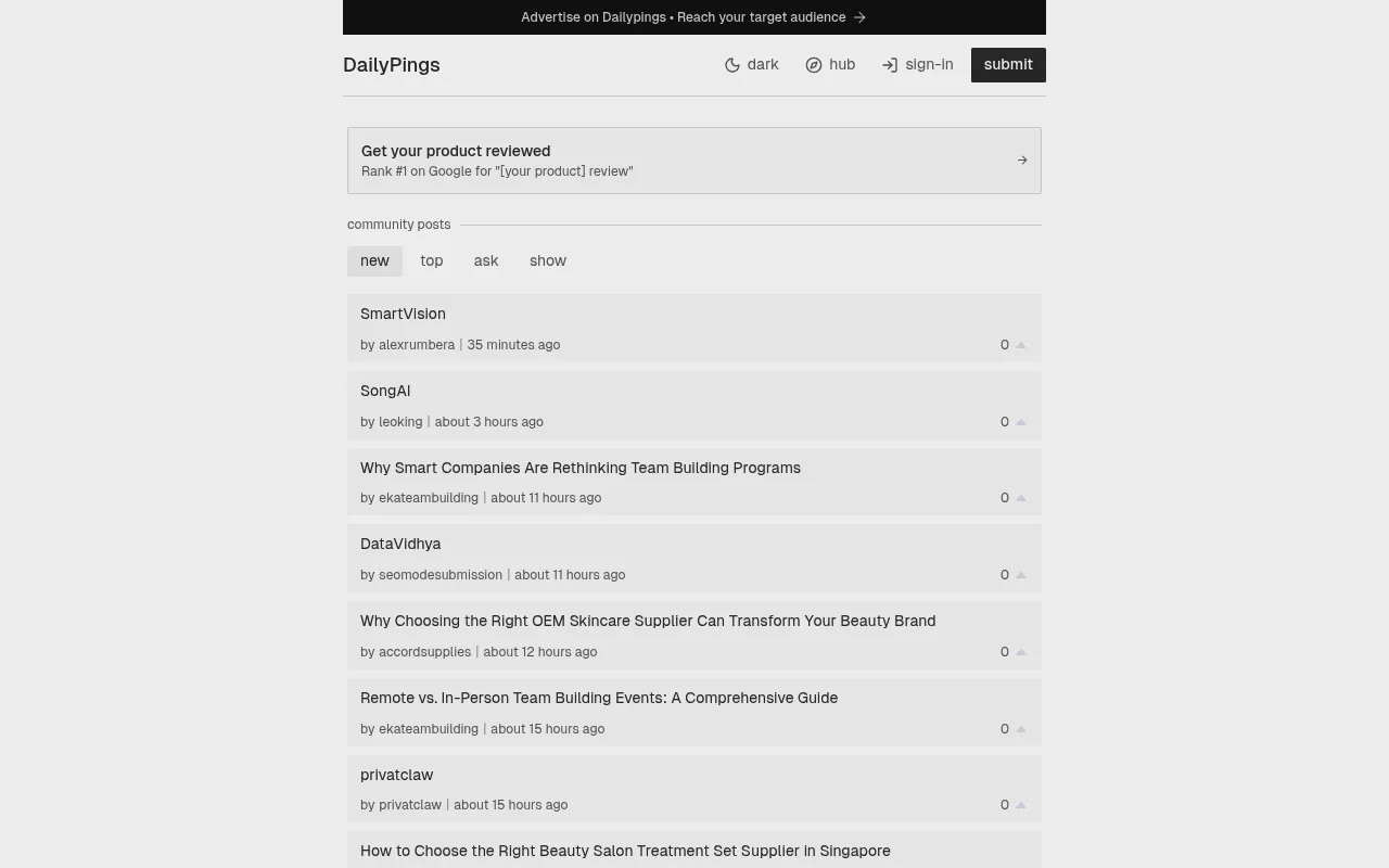 Screenshot of dailypings homepage