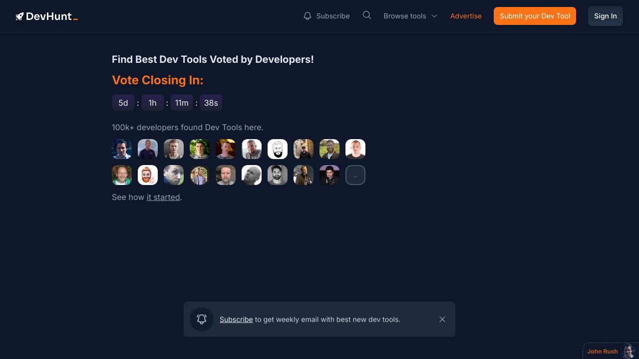 Screenshot of DevHunt homepage