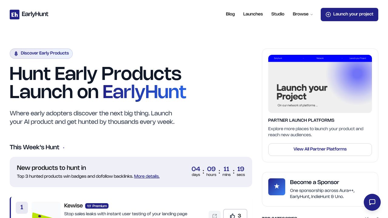 Screenshot of EarlyHunt homepage