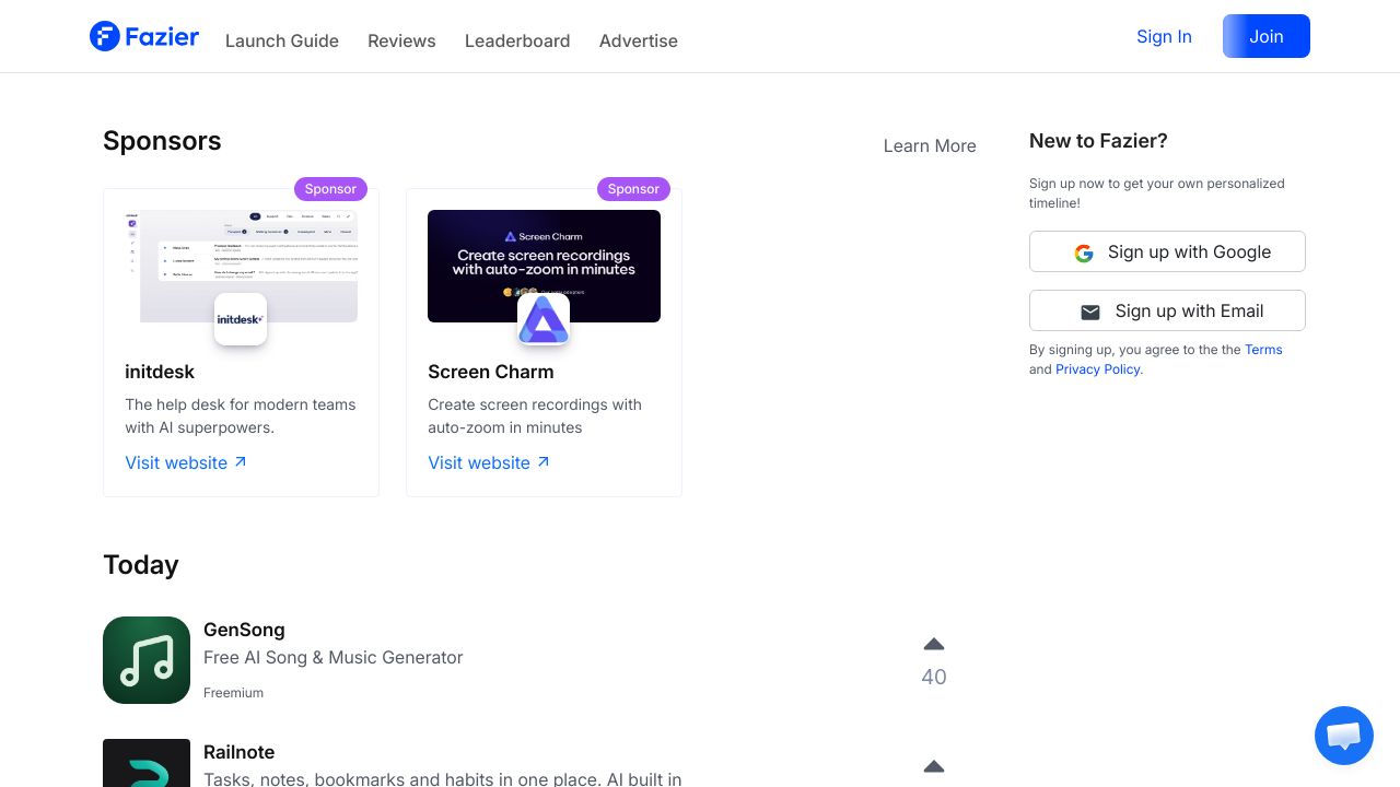 Screenshot of Fazier homepage