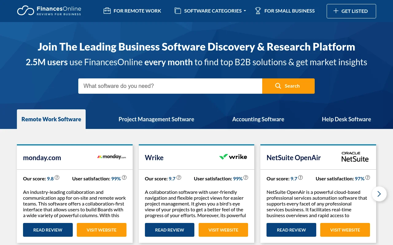 Screenshot of FinancesOnline homepage