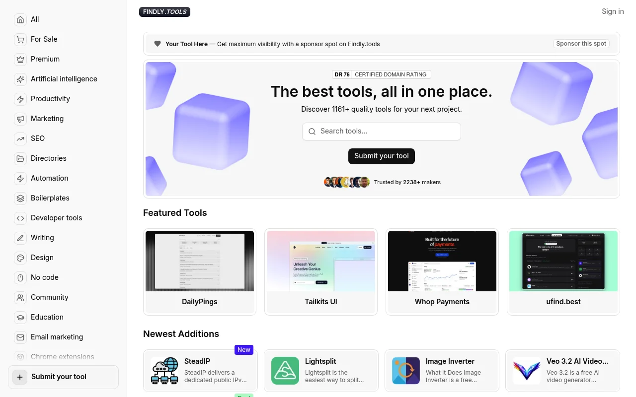 Screenshot of findly.tools homepage