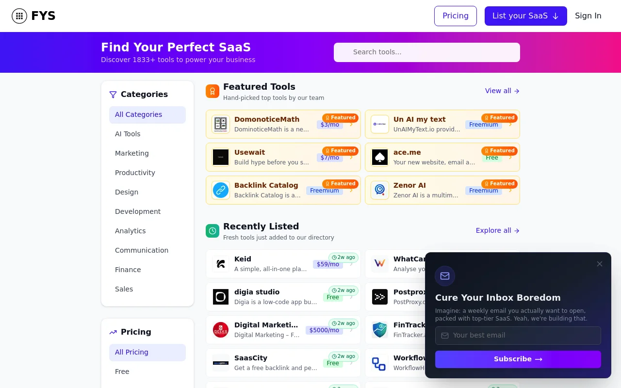 Screenshot of FindYourSaaS homepage