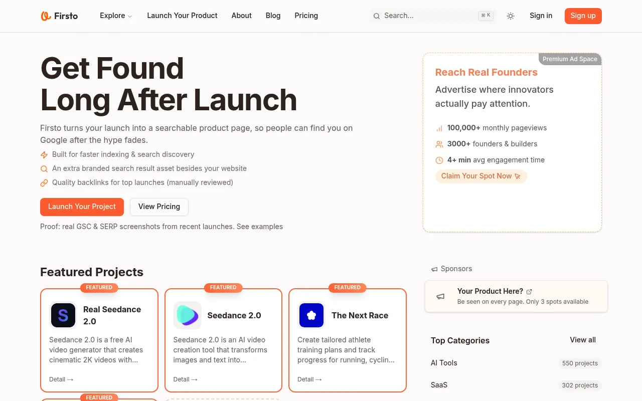 Screenshot of Firsto homepage