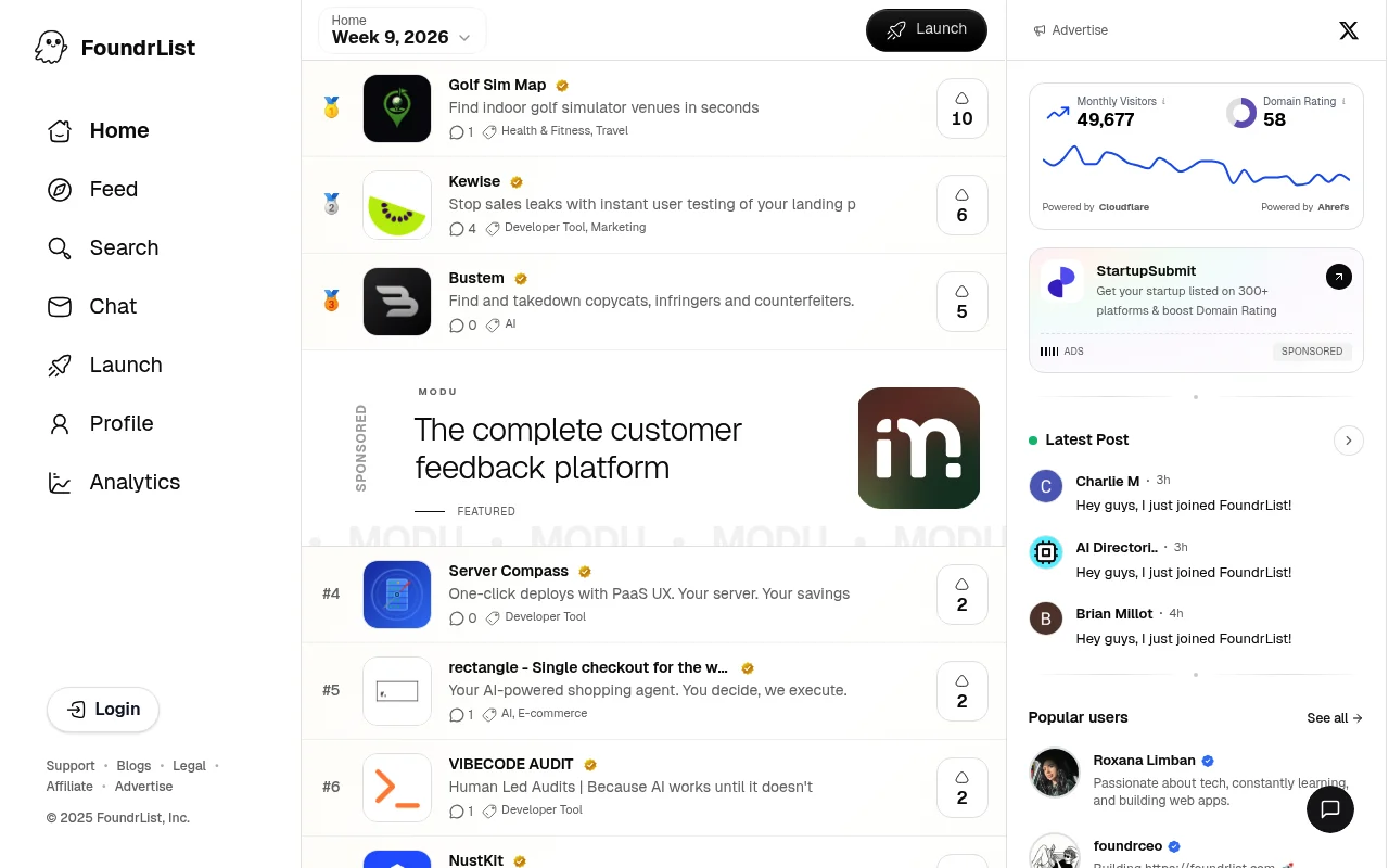 Screenshot of FoundrList homepage