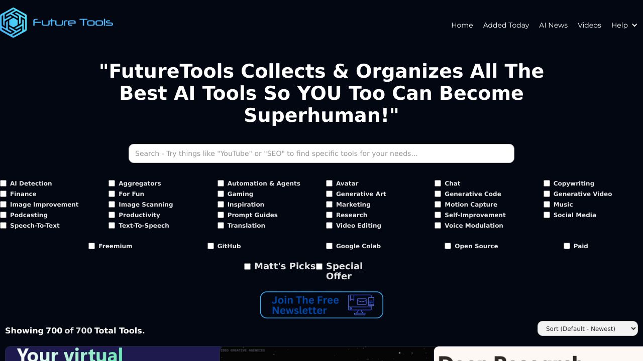 Screenshot of Future Tools homepage
