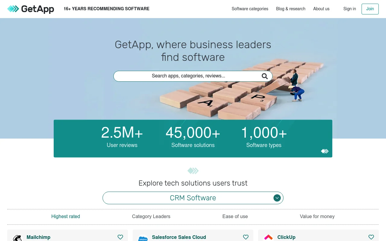 Screenshot of GetApp homepage