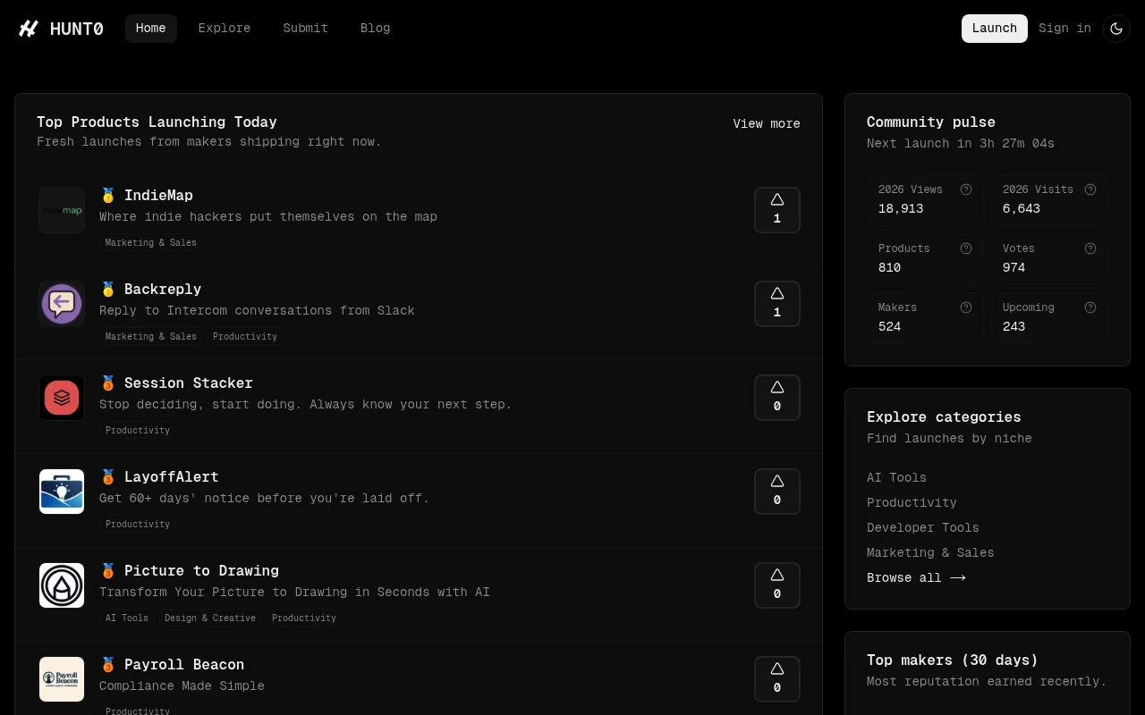 Screenshot of HUNT0 homepage