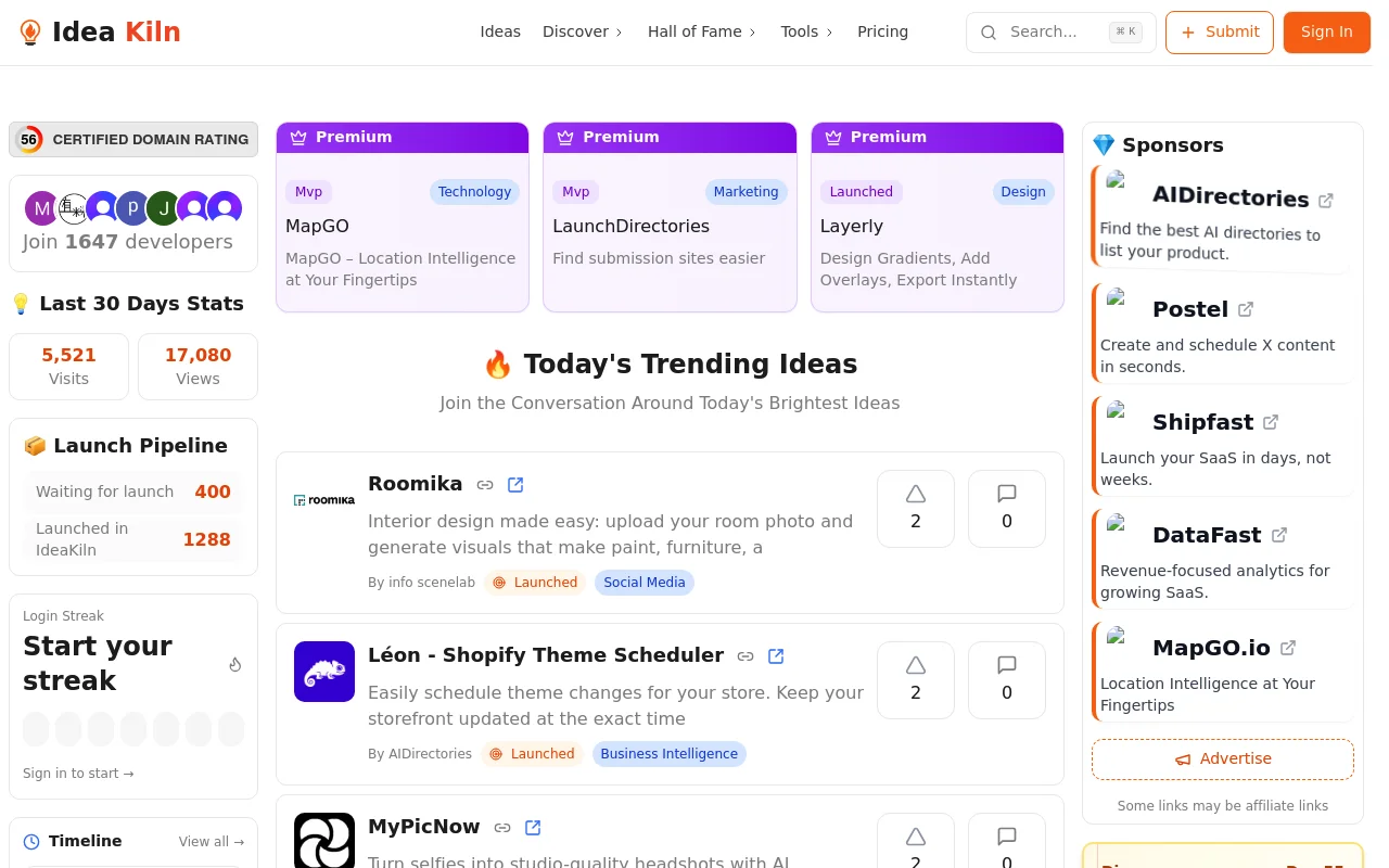 Screenshot of IdeaKiln homepage