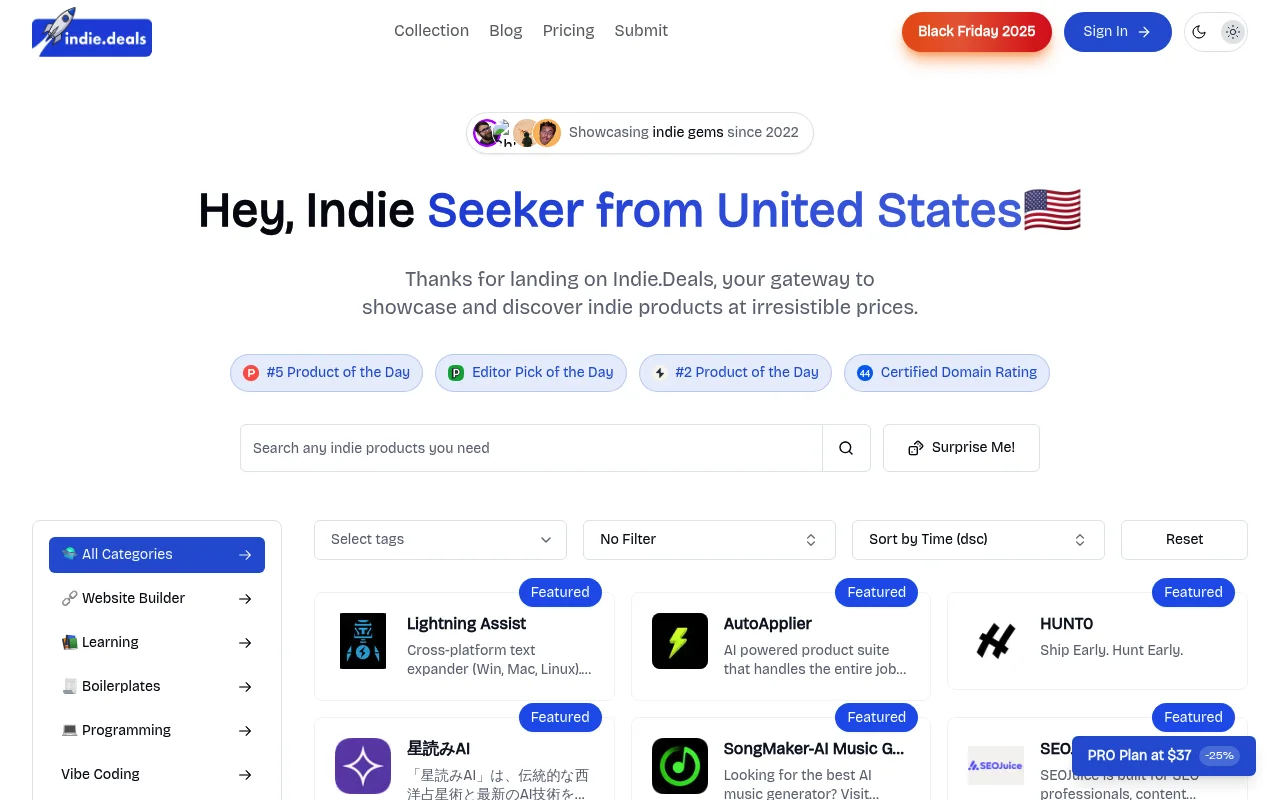 Screenshot of Indie Deals homepage
