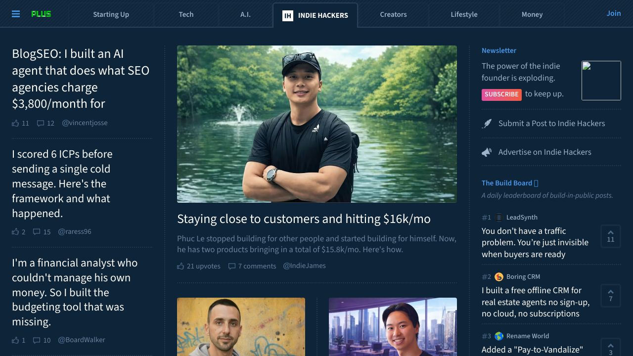 Screenshot of Indie Hackers homepage