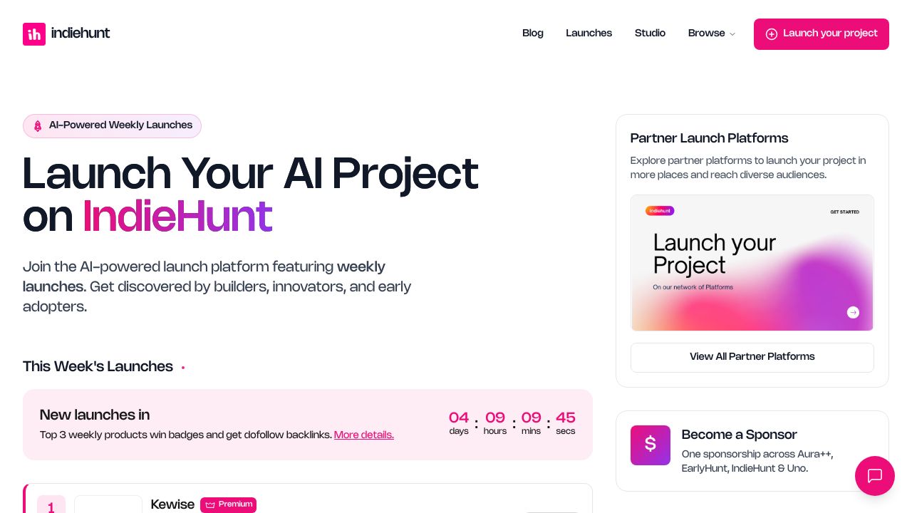 Screenshot of IndieHunt homepage