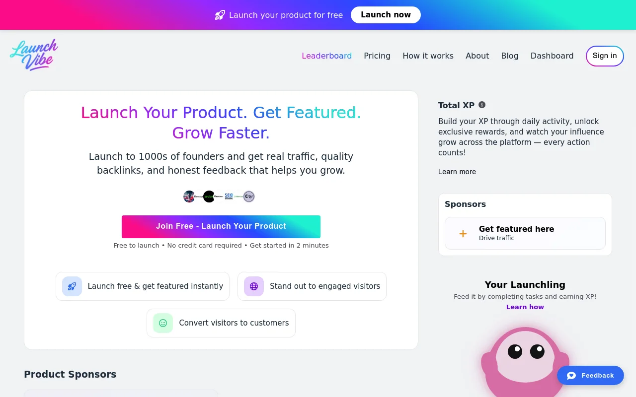 Screenshot of Launch Vibe homepage