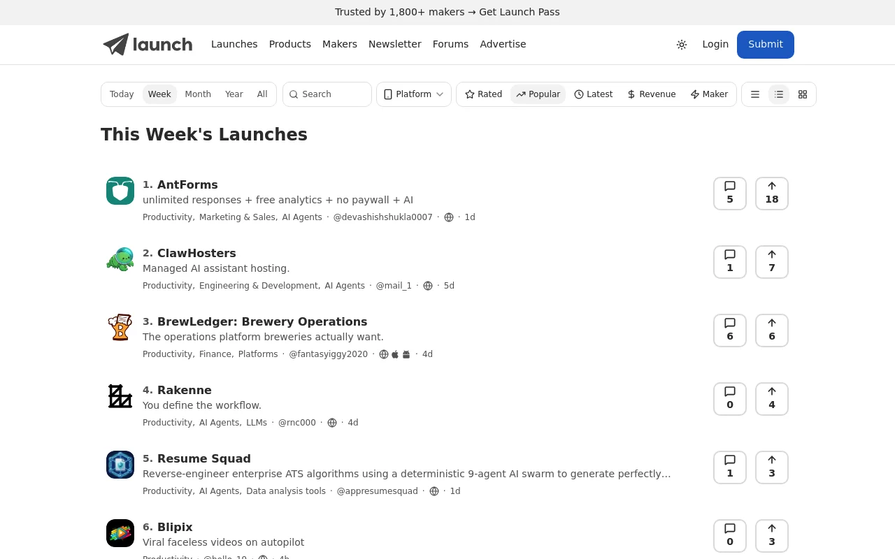 Screenshot of Launch homepage