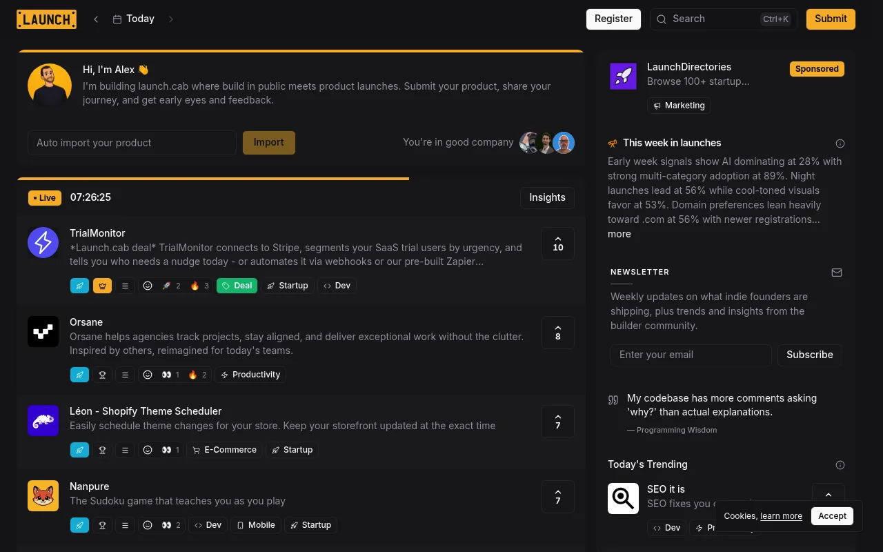 Screenshot of launch.cab homepage