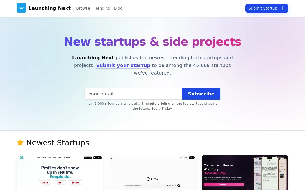 Screenshot of Launching Next homepage