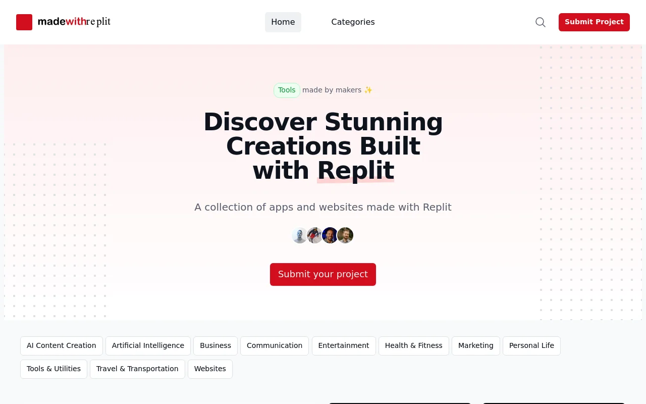 Screenshot of Made with Replit homepage