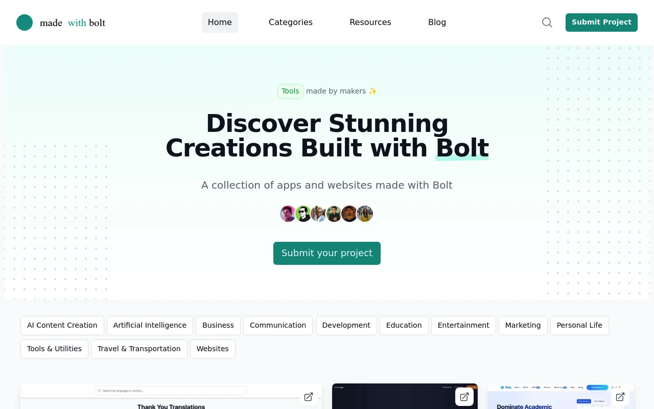 Screenshot of madewithbolt homepage