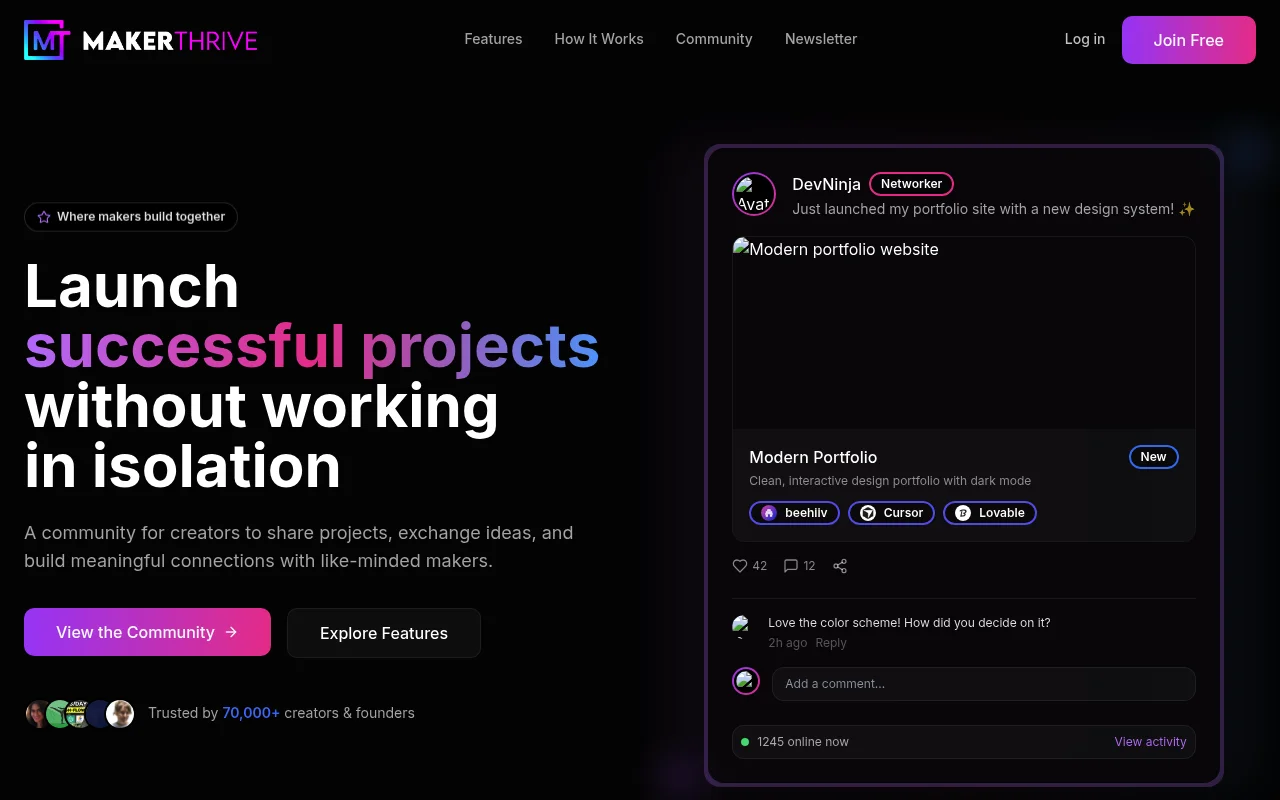 Screenshot of MakerThrive homepage