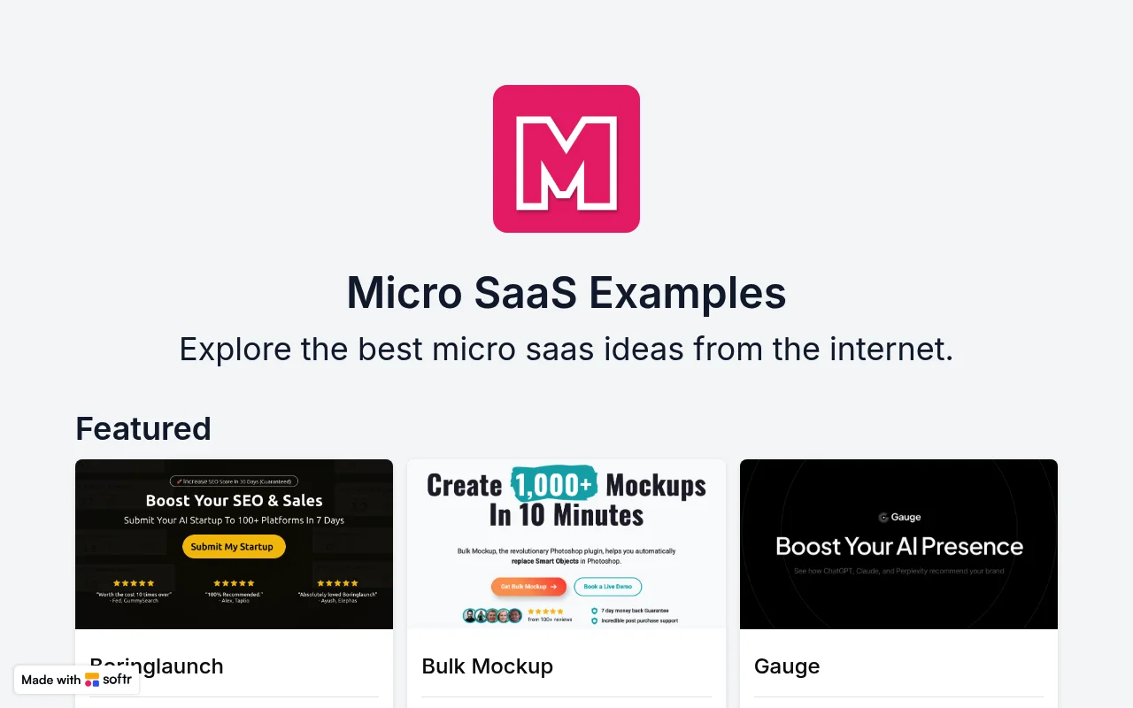 Screenshot of Micro SaaS Examples homepage