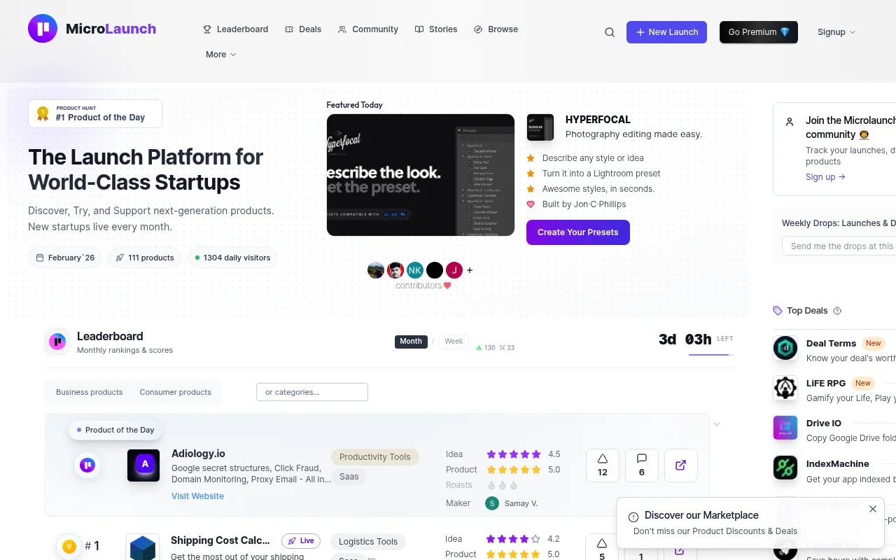 Screenshot of MicroLaunch homepage