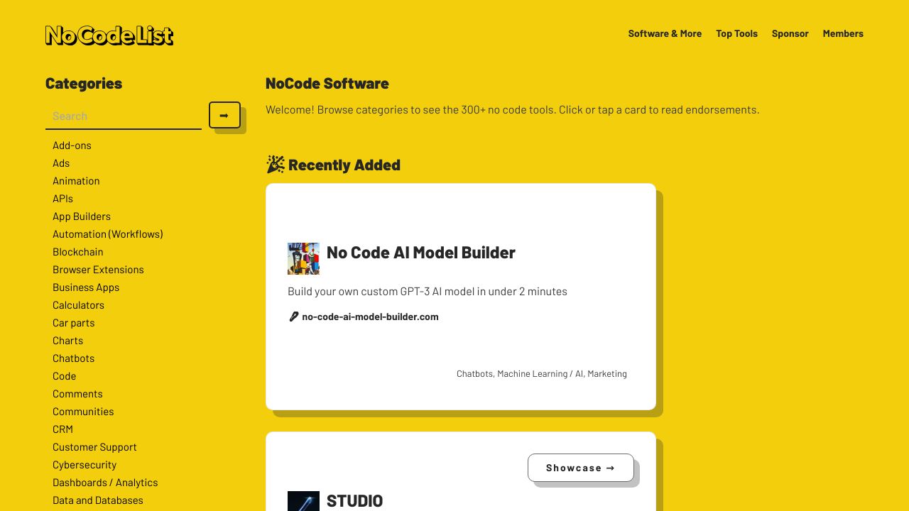 Screenshot of NoCodeList homepage