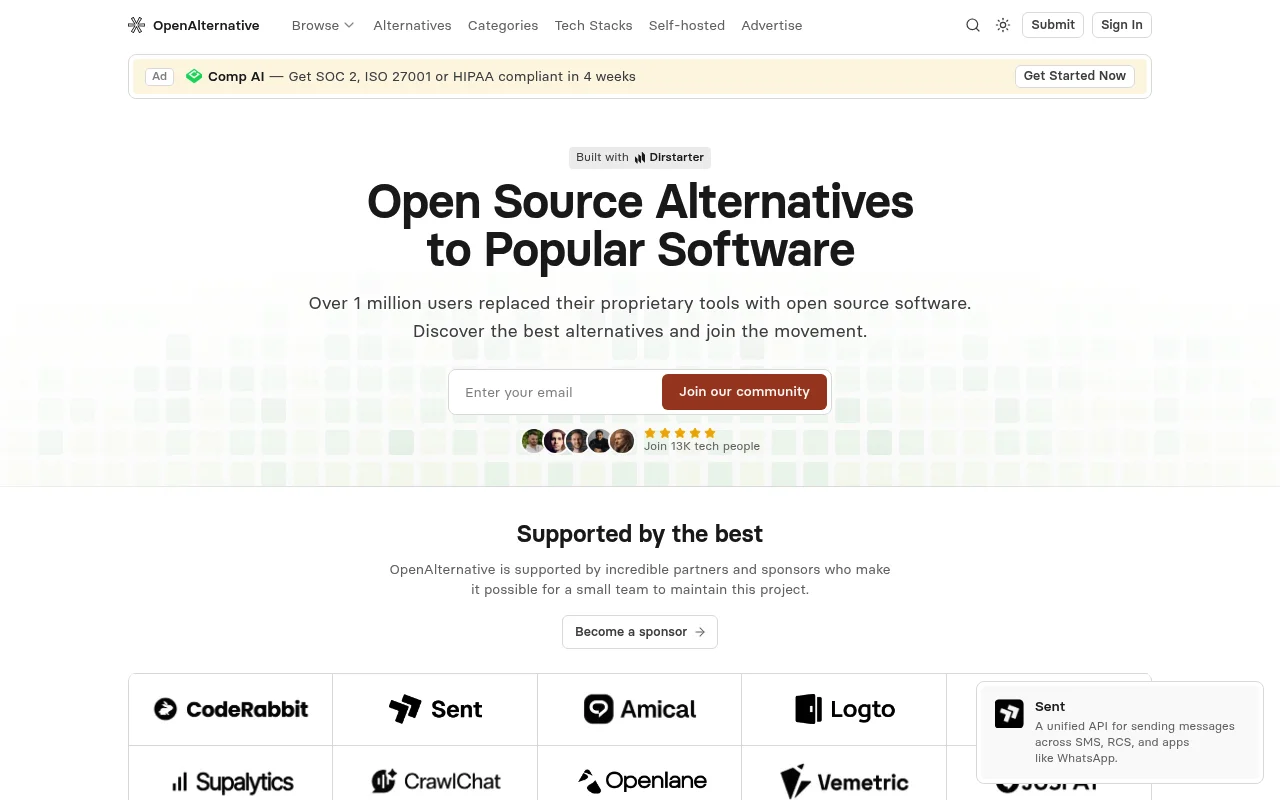 Screenshot of Open Alternative homepage