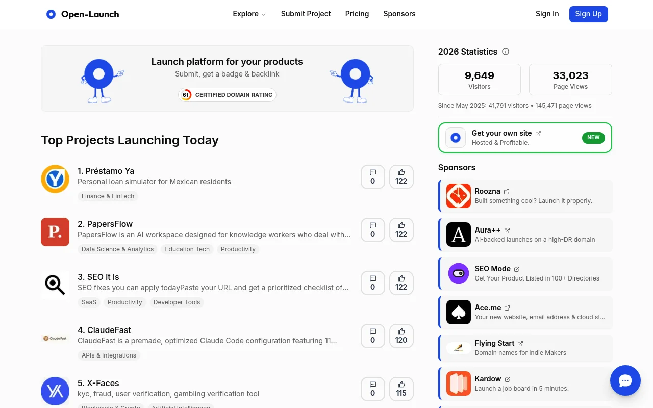 Screenshot of Open Launch homepage