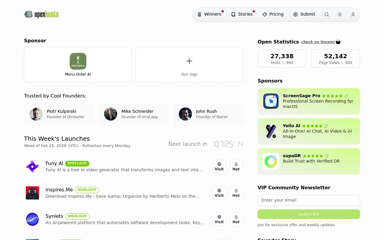 Screenshot of Openhunts homepage