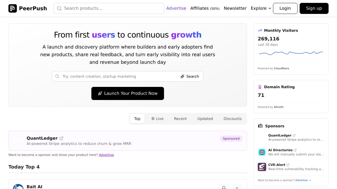 Screenshot of PeerPush homepage