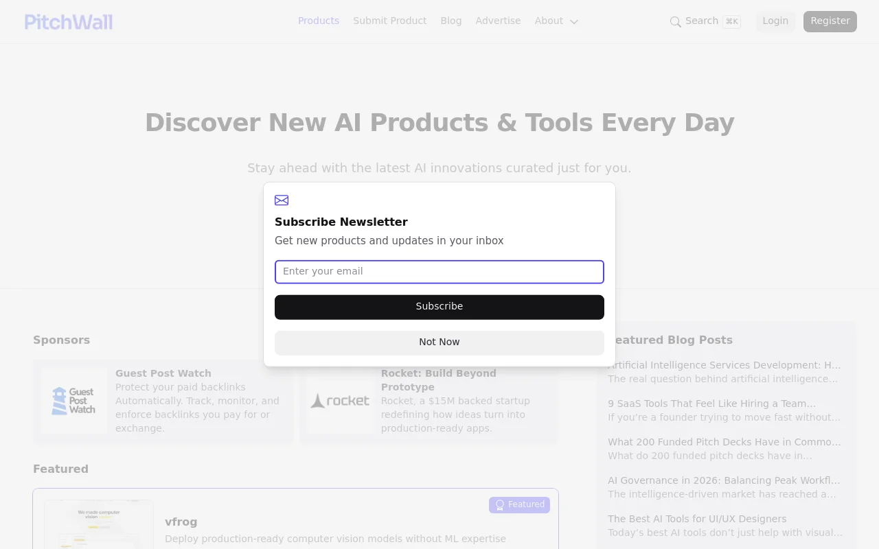 Screenshot of Pitchwall homepage