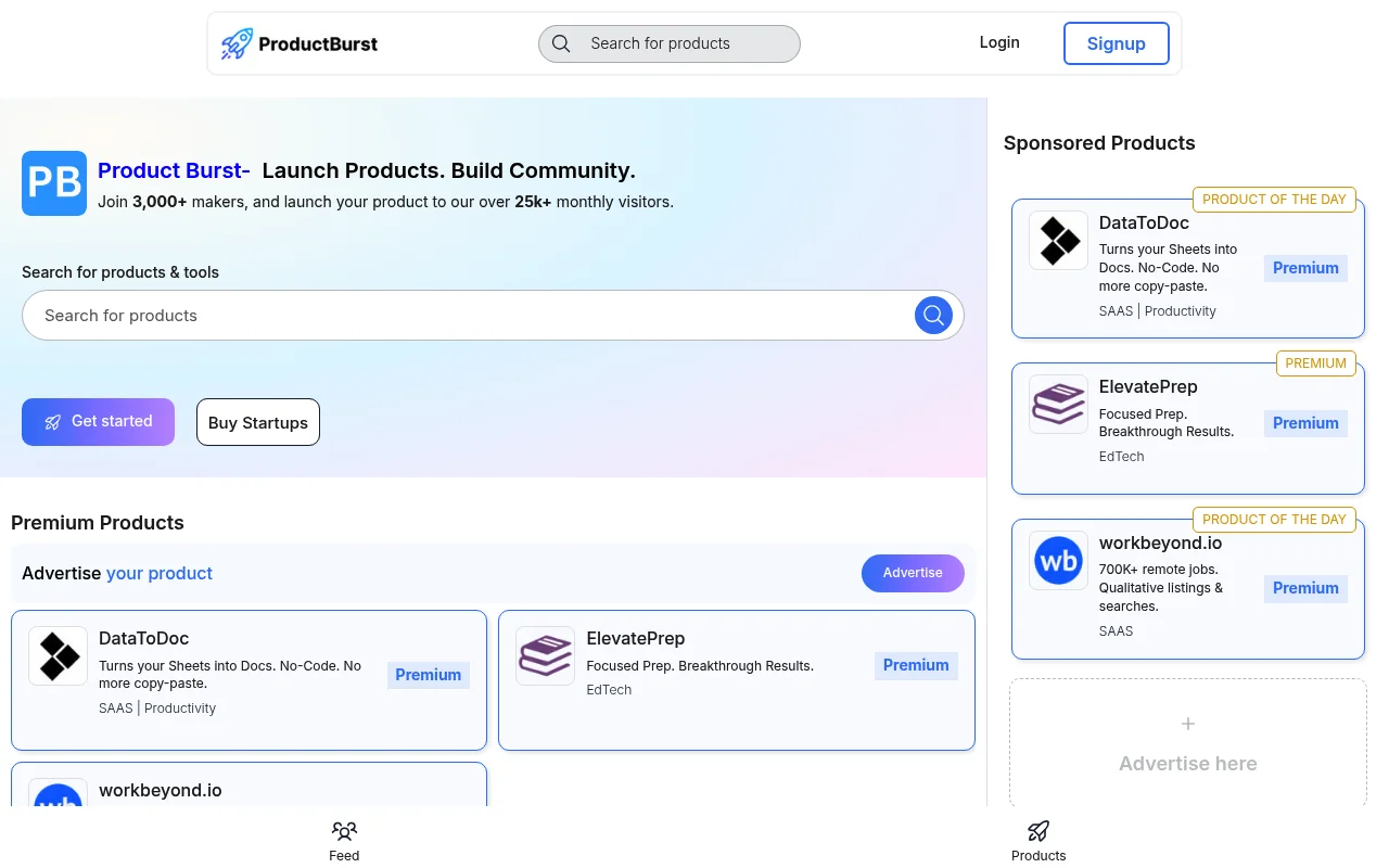 Screenshot of ProductBurst homepage