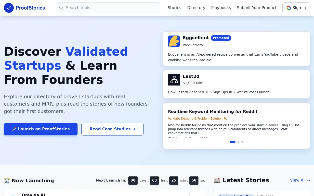 Screenshot of Proofstories homepage