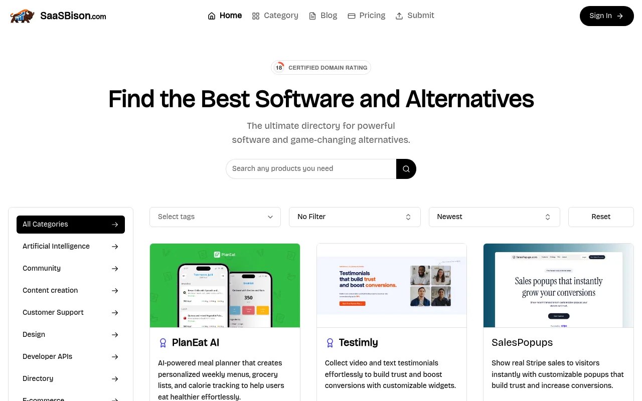 Screenshot of SaaSBison homepage
