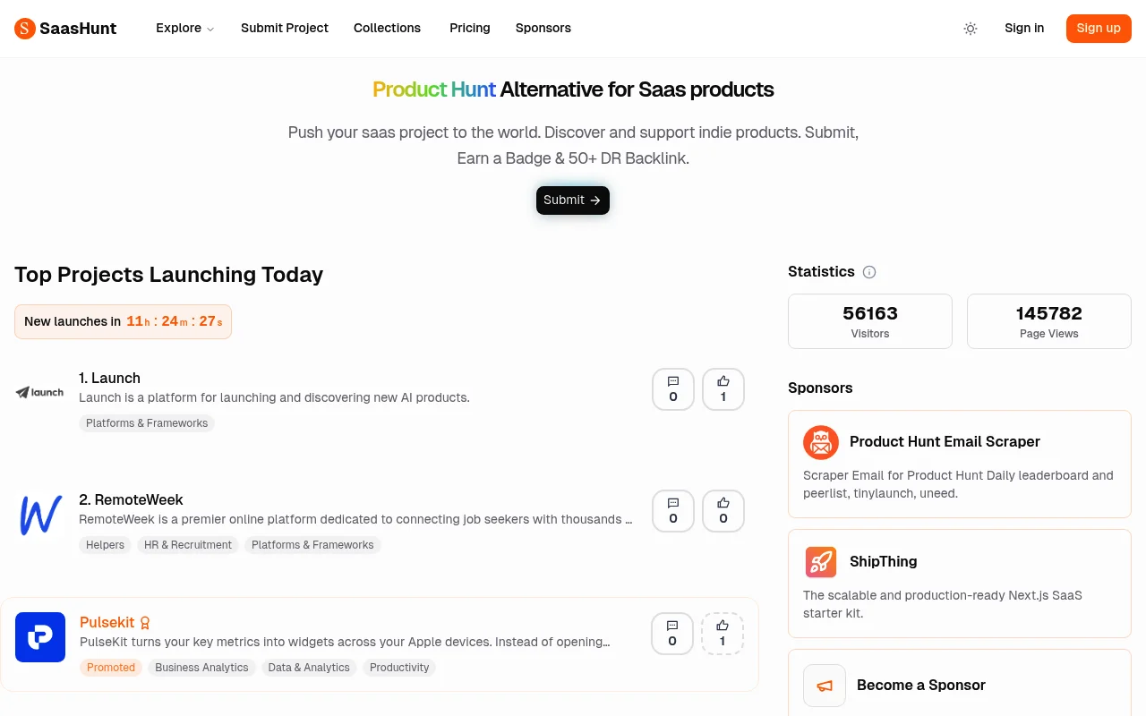 Screenshot of SaasHunt homepage