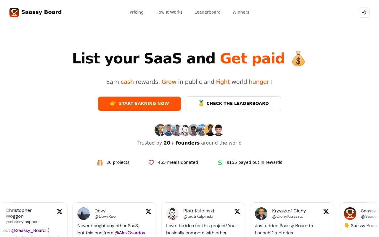 Screenshot of Saassy Board homepage