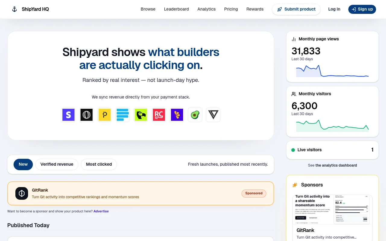 Screenshot of ShipYard HQ homepage