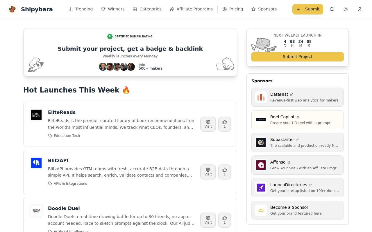 Screenshot of Shipybara homepage