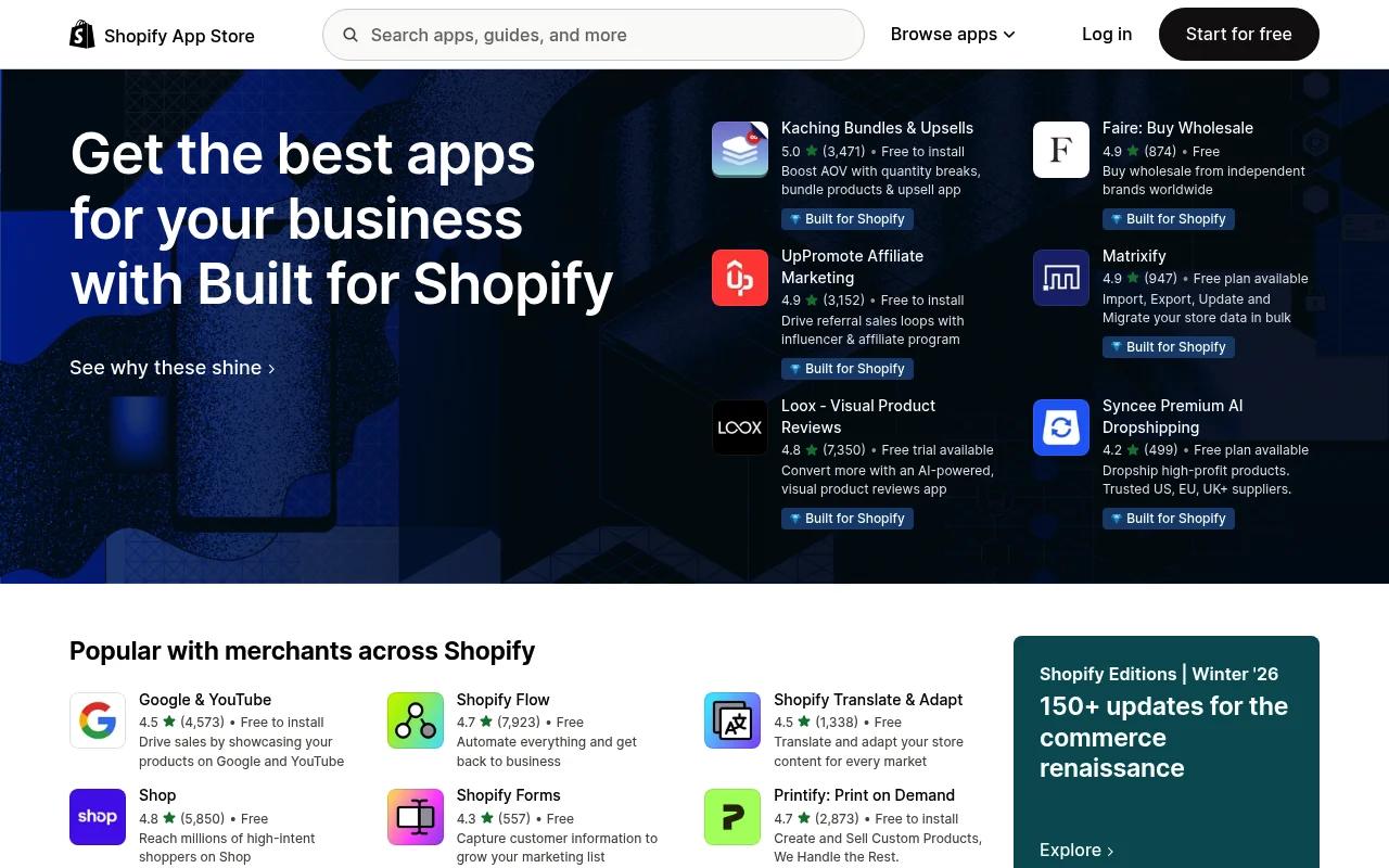 Screenshot of Shopify App Store homepage